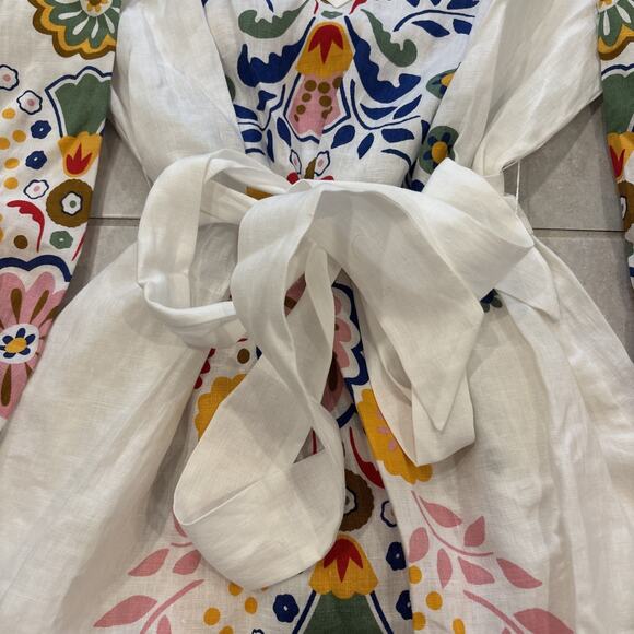 Boden Linen Balloon Sleeve Tie Waist Dress Pockets US 12R White Multi NWT - Picture 3 of 11